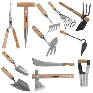 Kit de 12 ferramentas de jardim, cabo de madeira, aço inoxidável e ferro, f