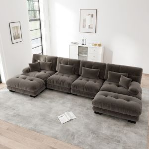 Sofá modular em u ou l em chenille castanho 4 lugares com otomana