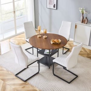 Conjunto mesa de jantar redonda com 4 cadeiras em pu branco/nogueira/preto