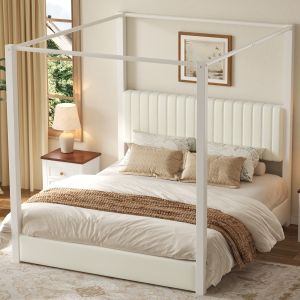 Cama estofada 180x200cm com dossel e cabeceira veludo – bege e branco