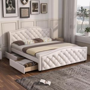 Sofá cama chesterfield estofado 160x200cm branco com 2 gavetas
