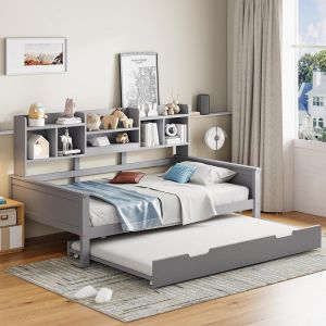Sofá-cama 90x200 cm, madeira maciça, arrumação, cinzento