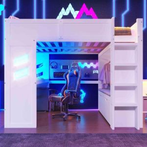 Cama alta gaming 140x200 cm com secretária LED, usb-c, gavetas, branca