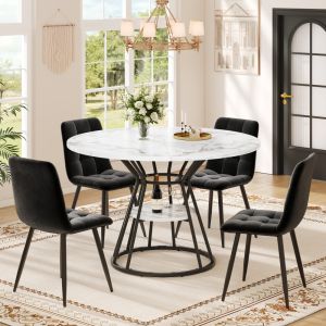 Conjunto mesa de jantar redonda com 4 cadeiras em veludo preto 5 peças