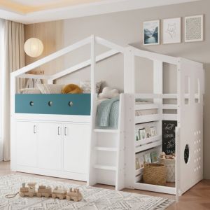 Cama em forma de casa 90x200cm com arrumação e zona de brincar branca