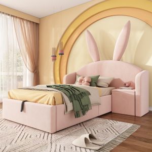 Cama infantil estofada 90x200cm com arrumação e mesa veludo – rosa