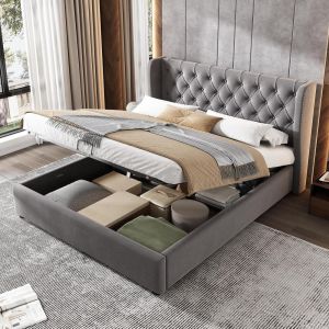 Cama de casal hidráulica com arrumação 140x190cm cinzento sem colchão