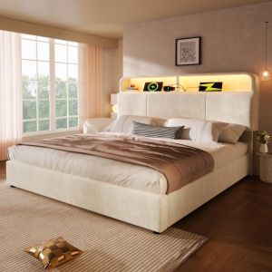Cama estofada 180x200cm com cabeceira elevável e arrumação veludo bege