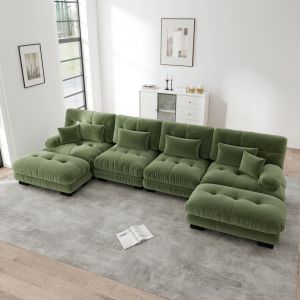 Sofá modular em u em chenille verde 4 lugares com otomanas móveis