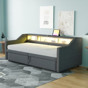 Cama estofada extensível 90x200cm arrumação usb linho cinzento escuro