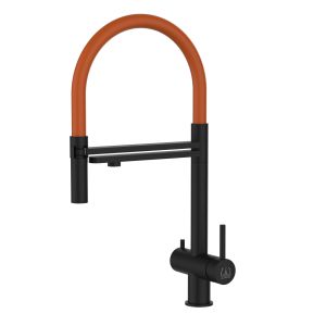 Grifo de cocina 3 vías acero inox ducha 2 chorros amovible, negro / naranja