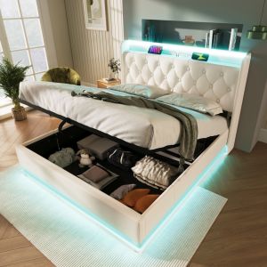 Cama estofada 140x190cm com LED e arrumação pu – branco