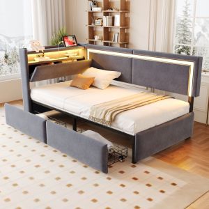 Sofá cama estofado 90x200cm com arrumação LED e usb veludo – cinzento