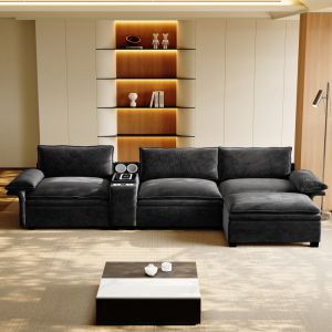 Sofá modular em l em chenille preto 4 lugares com otomana e arrumação