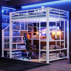 Cama alta metal 140x200cm com secretária, LED e tomada eu, branca