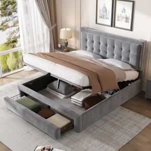 Cama de casal 140x200cm com arrumação veludo cinzento