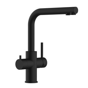 Torneira 5 vias inox PVD preto mate com bica L giratória 360°
