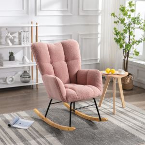 Cadeira de balanço em tecido teddy rosa com encosto alto
