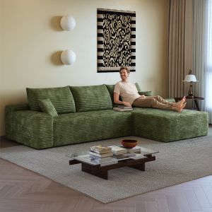 Sofá de canto modular em l tecido canelado verde sem montagem