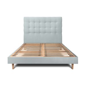 Cama de 135x190 cm com cabeceira estofada - tecido de veludo - cinzento-azu