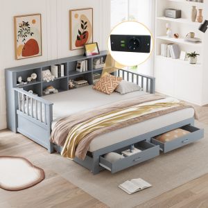 Sofá cama extensível 90x190cm com arrumação, tomada e gavetas cinzento