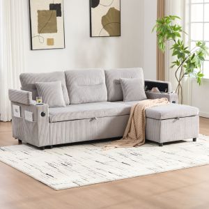 Sofá-cama com chaise longue bombazina cinzento claro usb-c porta-copos