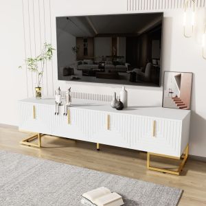 Móvel de tv branco com 4 portas e pés dourados 45,5x170x40cm