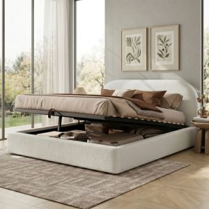Cama de casal 160x200cm com arrumação hidráulica bouclé – bege