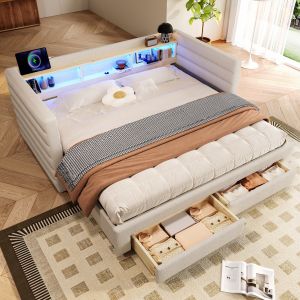 Sofá-cama extensível em veludo bege 90 x 190 cm com LED e arrumação