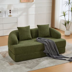 Sofá-cama 2 lugares em chenille verde com almofadas e sem montagem
