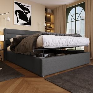 Cama de arrumação estofada 180x200cm hidráulica linho – cinzento