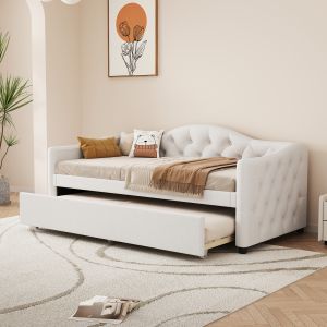 Sofá cama 90x200cm com cama auxiliar linho e mdf – bege