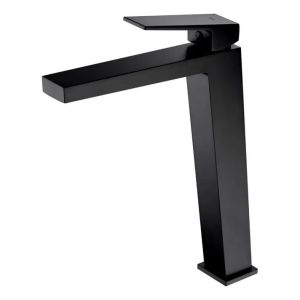 Torneira alta para lavatório cor chromo com cano reto e fino preto mate