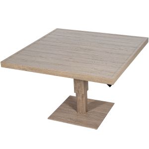 Mesa de alumínio creme para exterior, com altura ajustável.