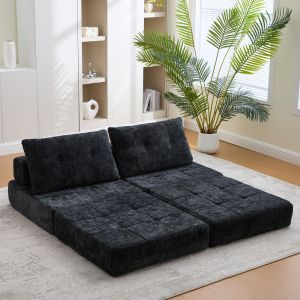 Sofá cama dobrável de chão em chenille preto com almofadas