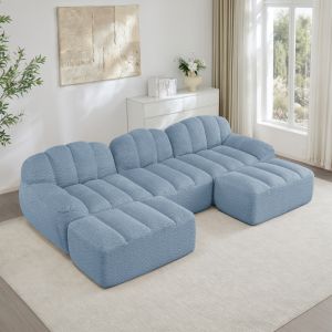 Sofá modular em u em tecido azul 3 lugares com 2 otomanas