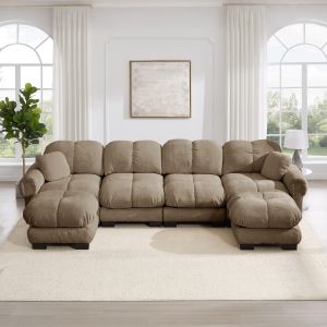 Sofá modular em u em chenille castanho 4 lugares com 2 otomanas