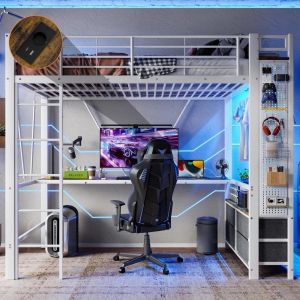 Beliche 90x200cm com secretária guarda-roupa 4 gavetas usb LED branco