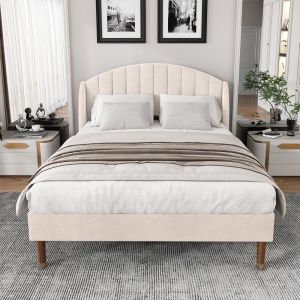 Cama estofada 140x200 cm casal veludo cabeceira acolchoada bege