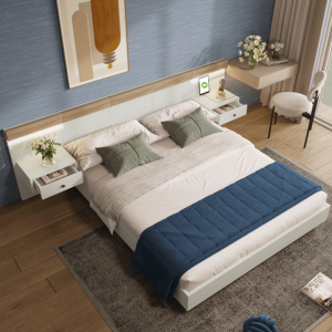Cama de casal 160x200cm com luz LED e arrumação madeira – branco e carvalho