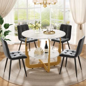 Conjunto mesa e 4 cadeiras redonda 80 cm em veludo cinzento e dourado