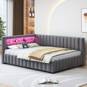 Sofá cama em l estofado cinzento 140x200 com LED e usb