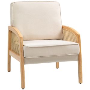 Poltrona poliéster, madeira de borracha e vime sintético color beige