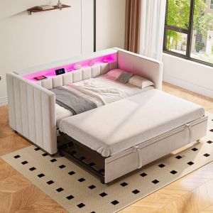 Sofá cama veludo convertible 90x190cm com arrumação beige