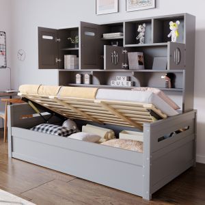 Sofá cama 90x200cm com arrumação hidráulica madeira – cinzento
