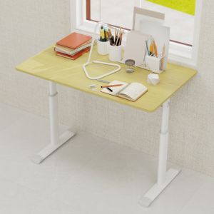 Mesa de escritório regulável manual madeira e metal castanho