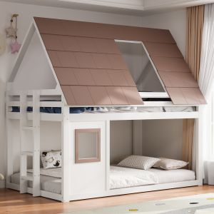 Beliche 140x200cm com telhado e escada madeira mdf – castanho branco