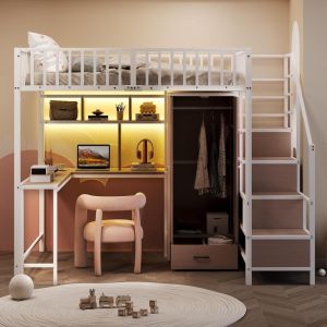 Cama alta metal 140x200 branca com roupeiro, secretária e LED usb