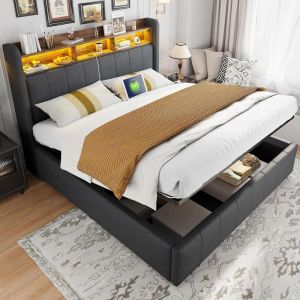 Cama com arrumação 160x200cm LED rgb usb-c, cabeceira cinzenta