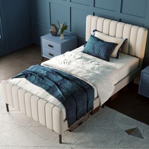 Cama estofada 90x200cm com cabeceira ajustável linho cinzento bege